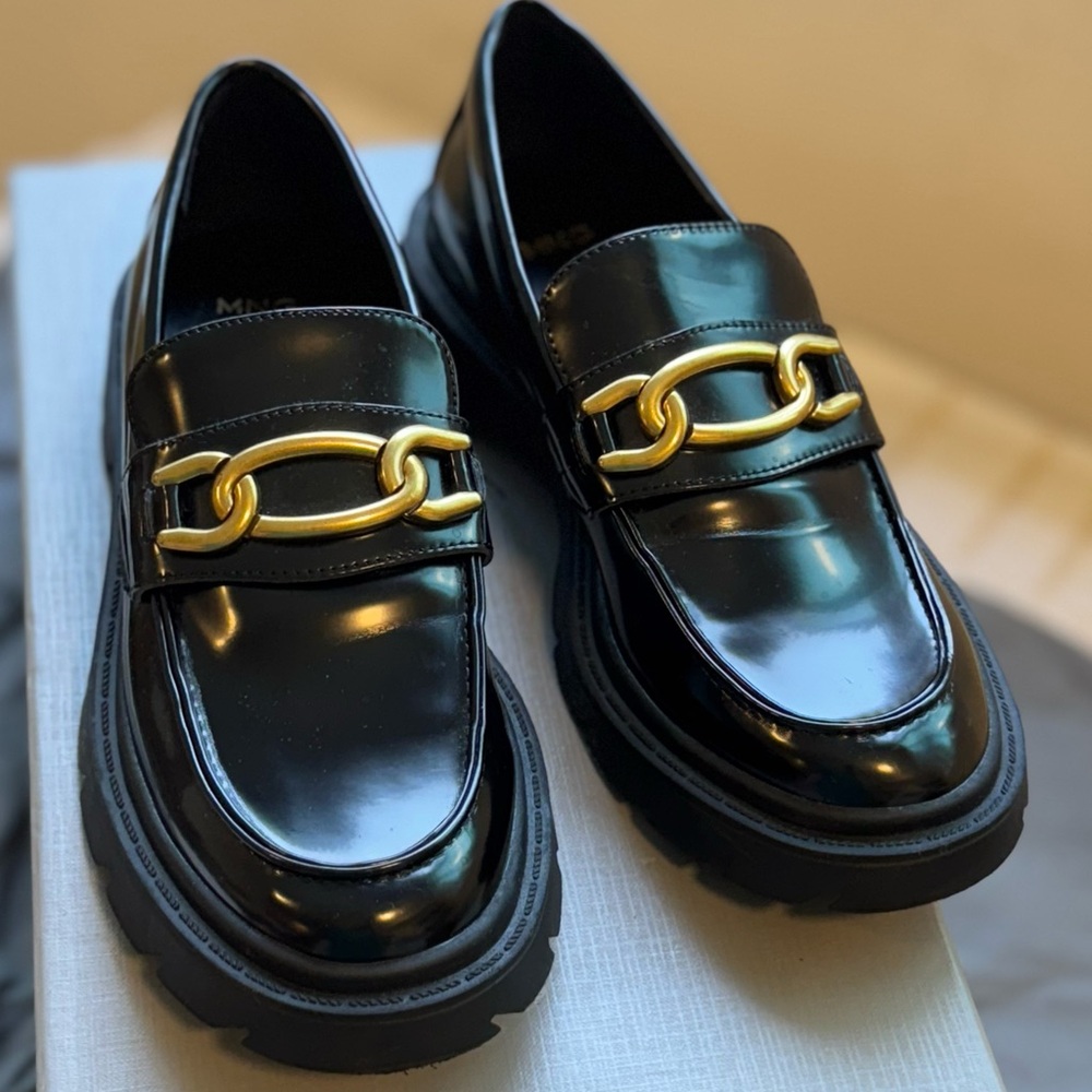 Black Loafers with Gold Chain Detail